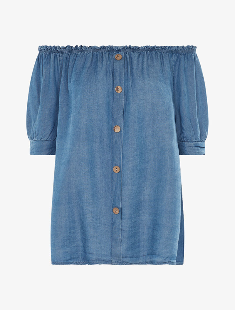 Blouse ample encolure élastique - denim - 1