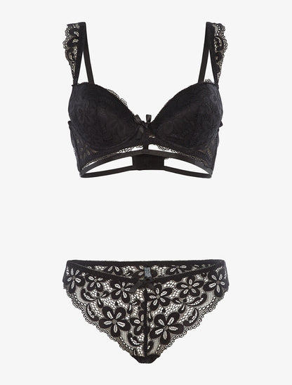 Ensemble en dentelle motifs fleurs - noir - 1