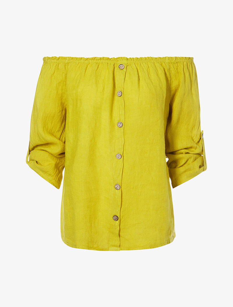 Top en lin encolure bardot - moutarde - 1