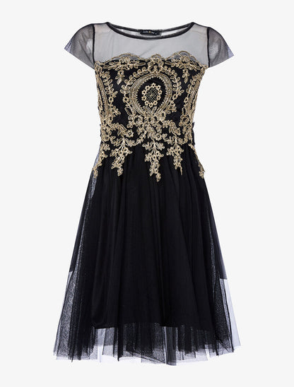 Robe ornée de broderie et tulle - noir/or - 1
