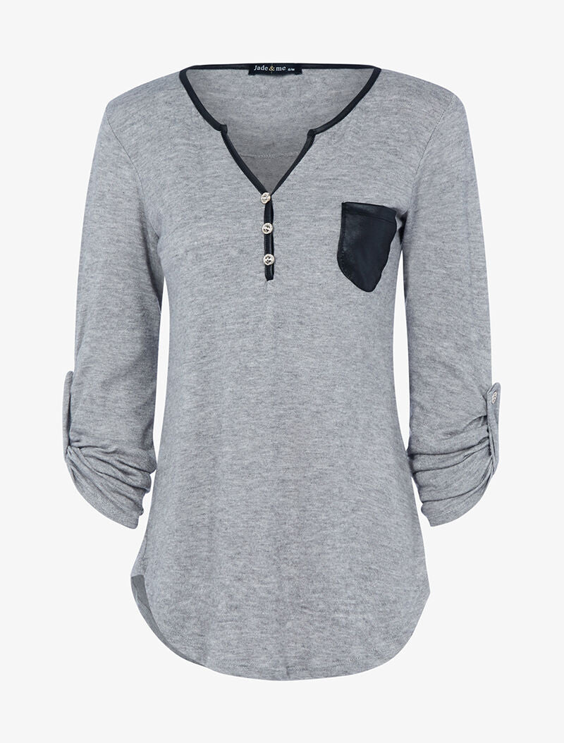 Pull à col boutonné et poche satinée - gris chiné - 3
