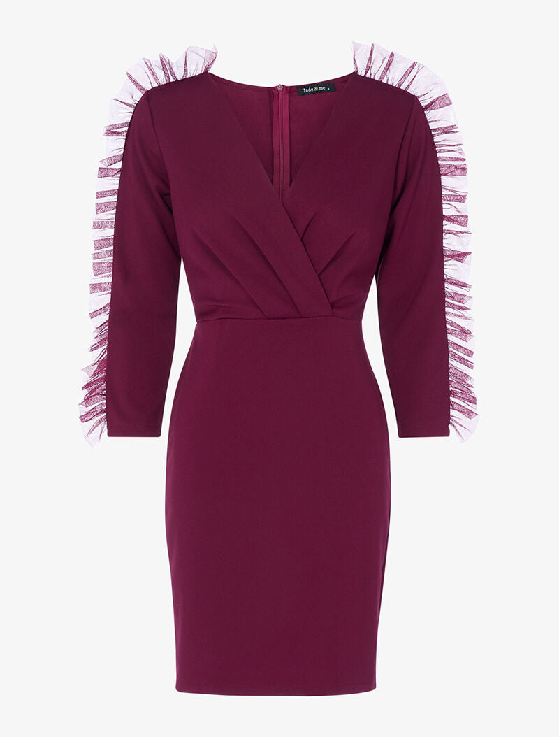 Robe cache-coeur à manches volantées en tulle - lie de vin - 1