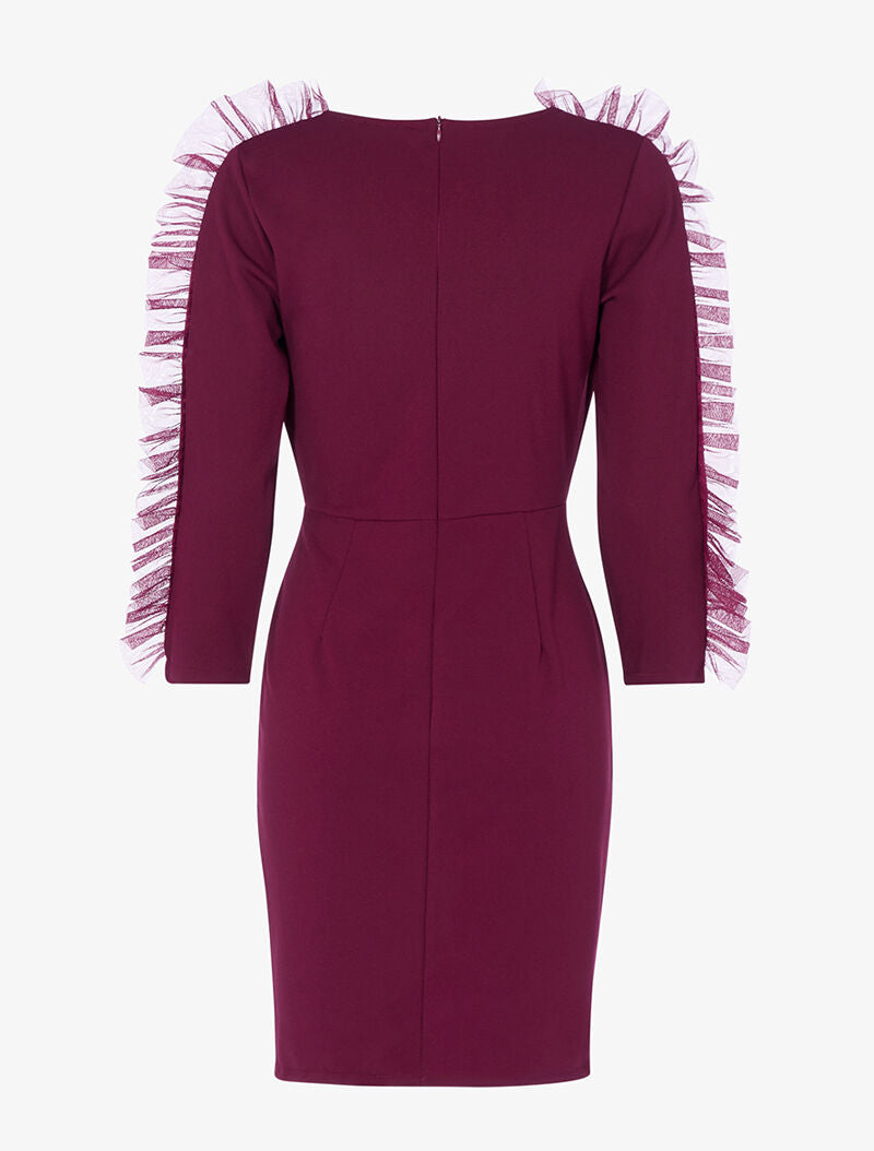 Robe cache-coeur à manches volantées en tulle - lie de vin - 2