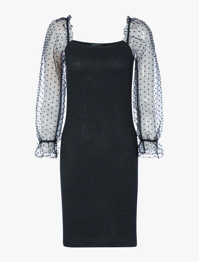 Robe côtelée pailletée à manches bouffantes en voile - noir - 1