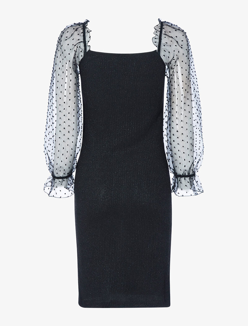 Robe côtelée pailletée à manches bouffantes en voile - noir - 2