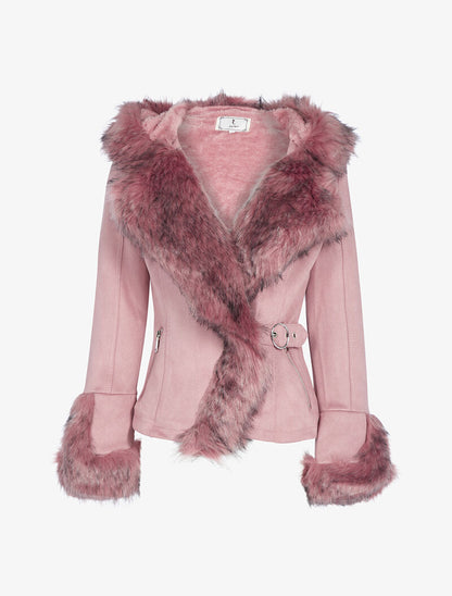 Manteau court à col fourrure - rose - 3