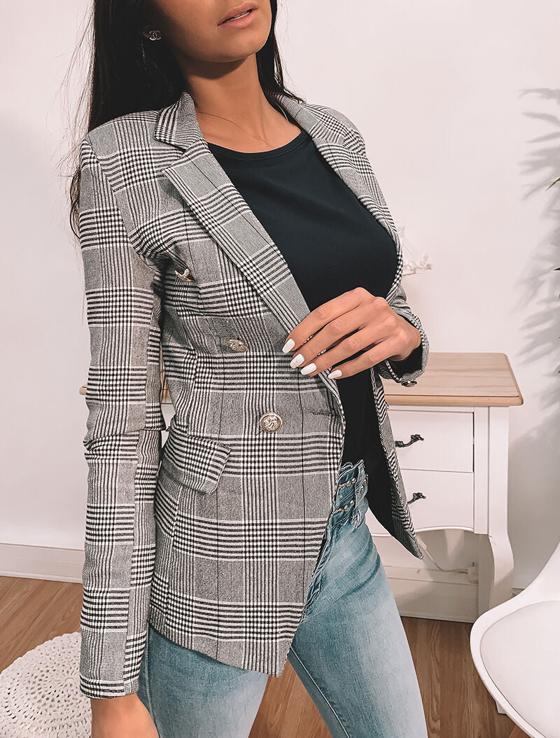 Blazer tartan coupe ajustée - Noir - 1