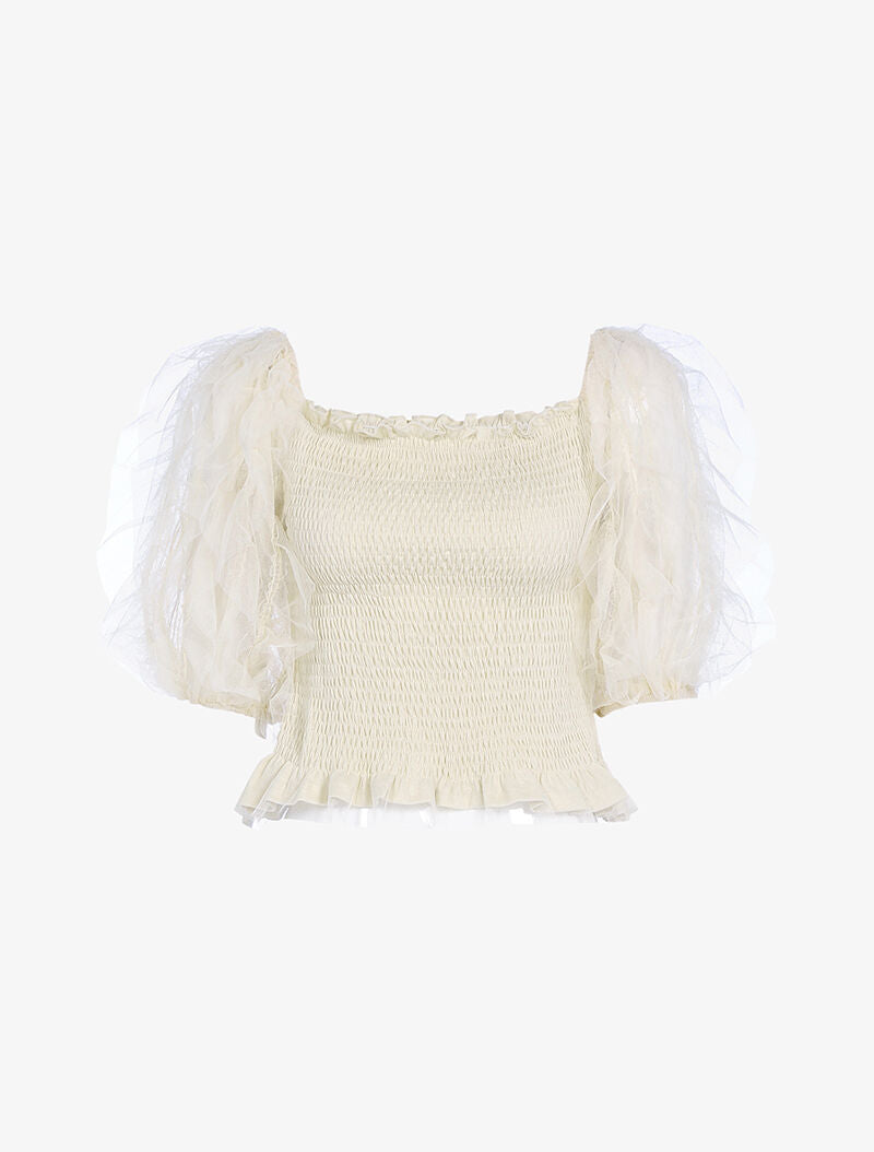 Crop top à manches bouffantes volantées - beige - 1