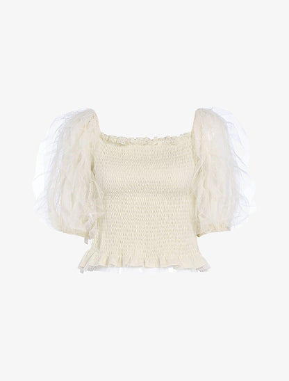 Crop top à manches bouffantes volantées - beige - 1