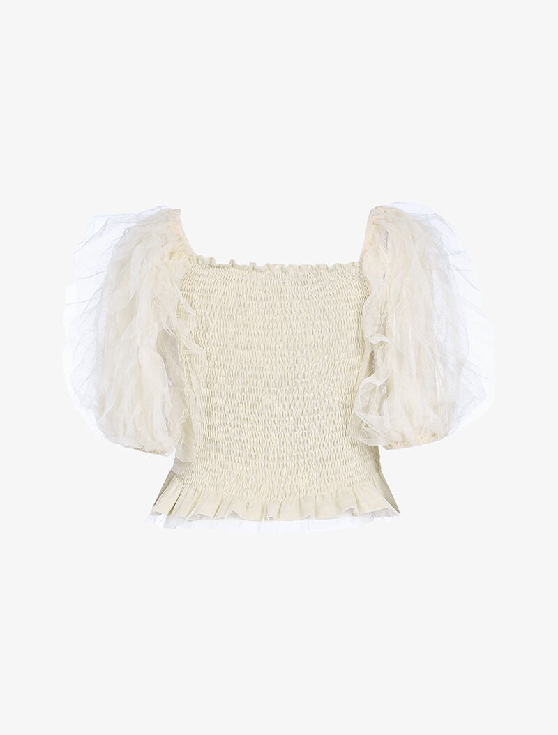 Crop top à manches bouffantes volantées - beige - 2