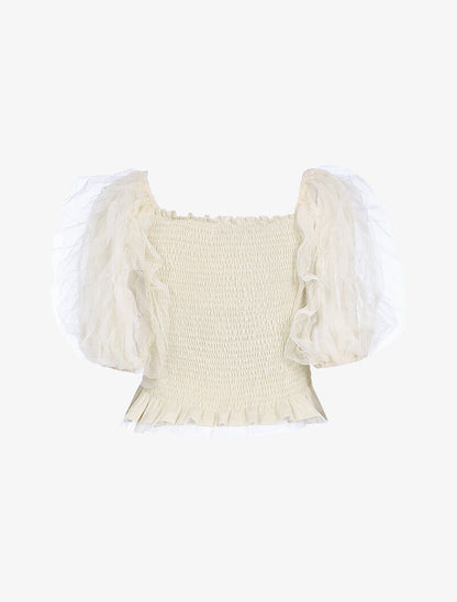 Crop top à manches bouffantes volantées - beige - 2