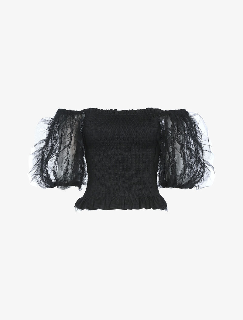 Crop top à manches bouffantes volantées - noir - 3