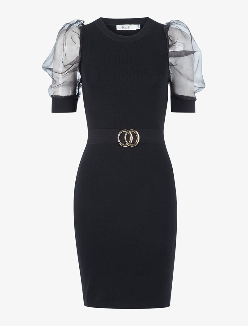 Robe à manches gigot ajourées en tulle - noir - 1