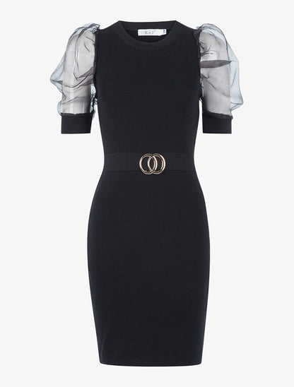 Robe à manches gigot ajourées en tulle - noir - 1