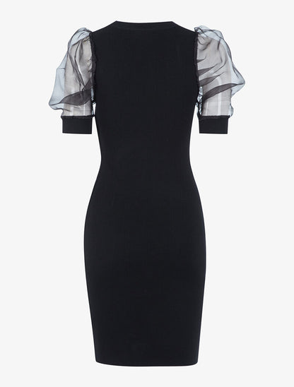 Robe à manches gigot ajourées en tulle - noir - 2