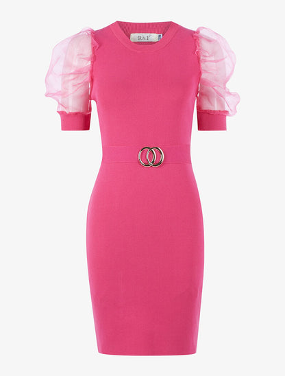 Robe à manches gigot ajourées en tulle - fushia - 3