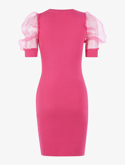 Robe à manches gigot ajourées en tulle - fushia - 2