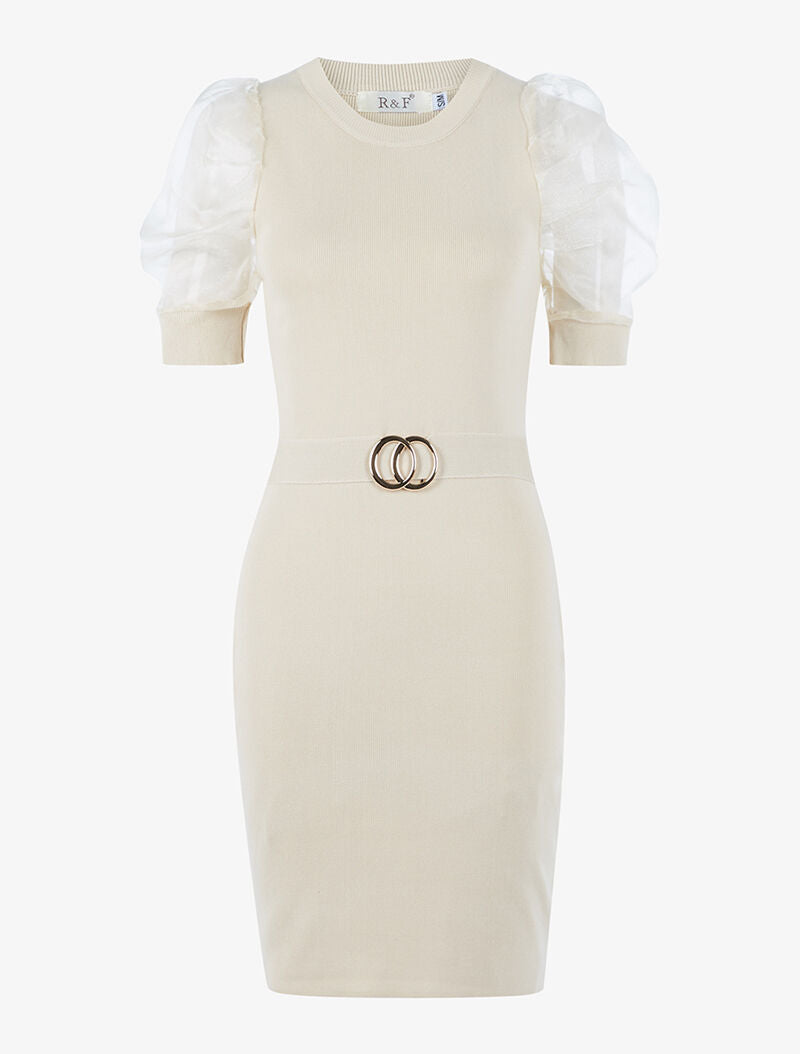 Robe à manches gigot ajourées en tulle - beige - 3