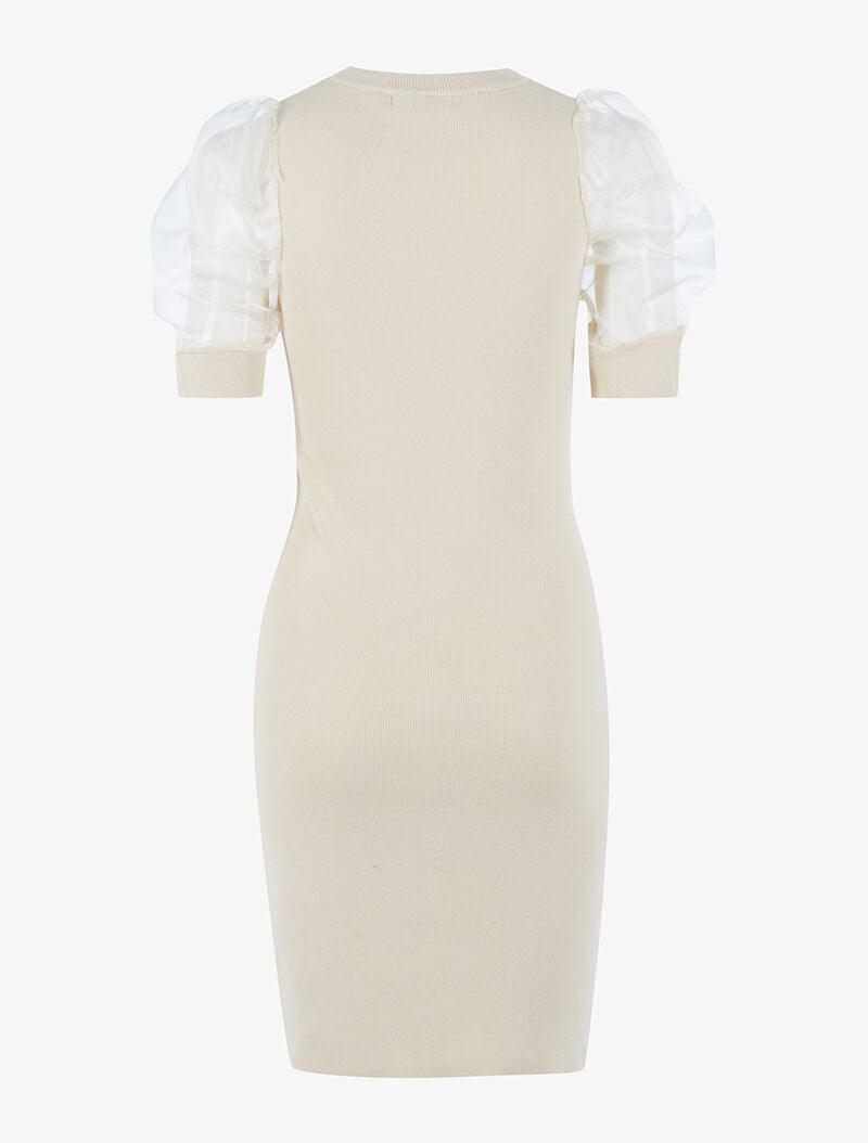 Robe à manches gigot ajourées en tulle - beige - 2