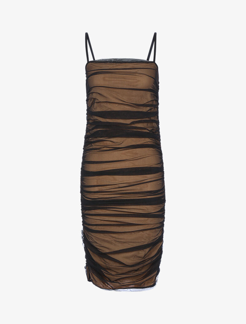 Robe fourreau en tulle plissée - camel/noir - 3