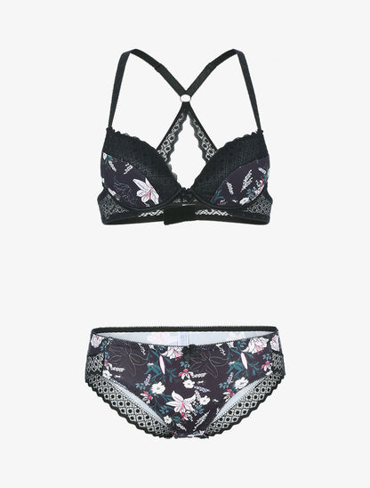 Ensemble à imprimé fleur et bords brodés - noir - 3
