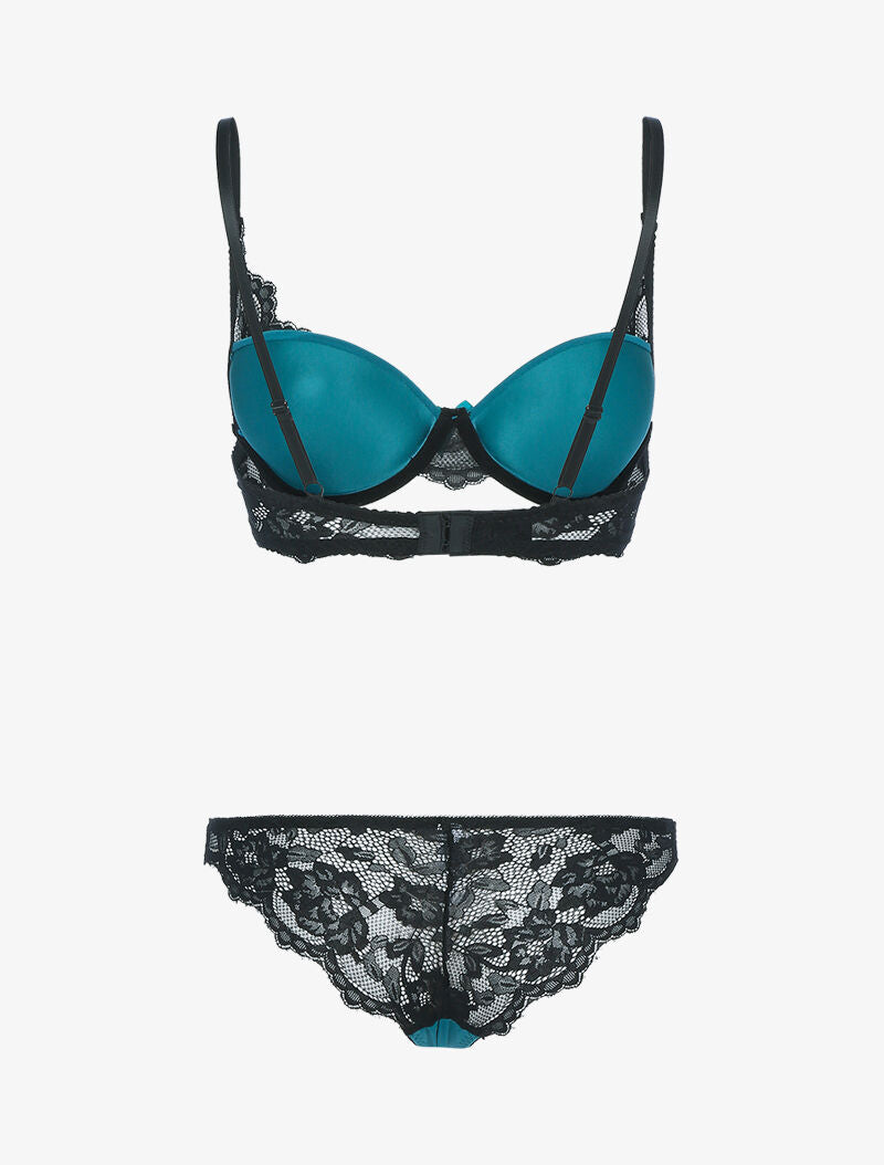 Ensemble satiné avec résille et dentelle - noir/bleu clair/bleu pétrole - 2