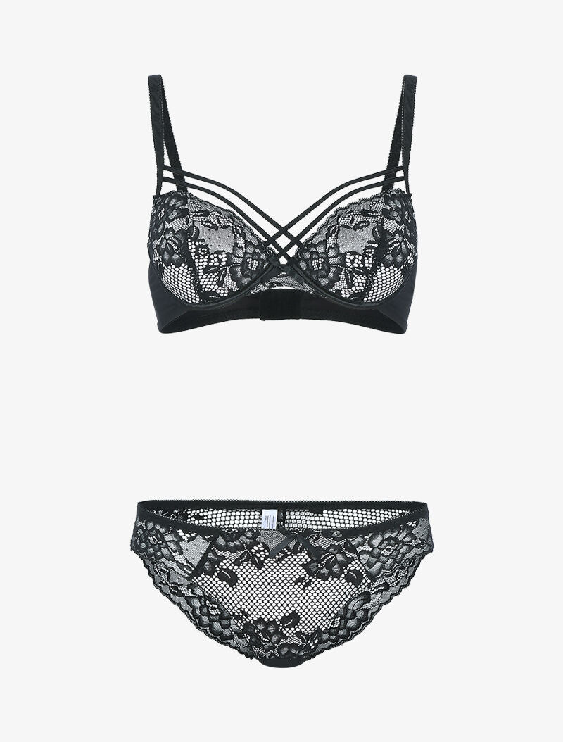 Ensemble satiné et dentelle fleurie - noir/rose pâle - 3