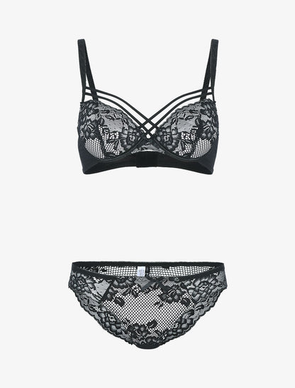Ensemble satiné et dentelle fleurie - noir/rose pâle - 3