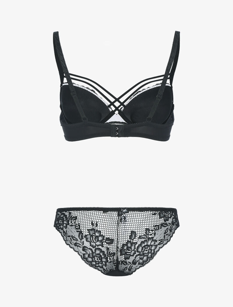 Ensemble satiné et dentelle fleurie - noir/rose pâle - 2