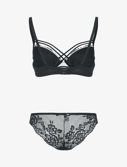 Ensemble satiné et dentelle fleurie - noir/rose pâle - 2