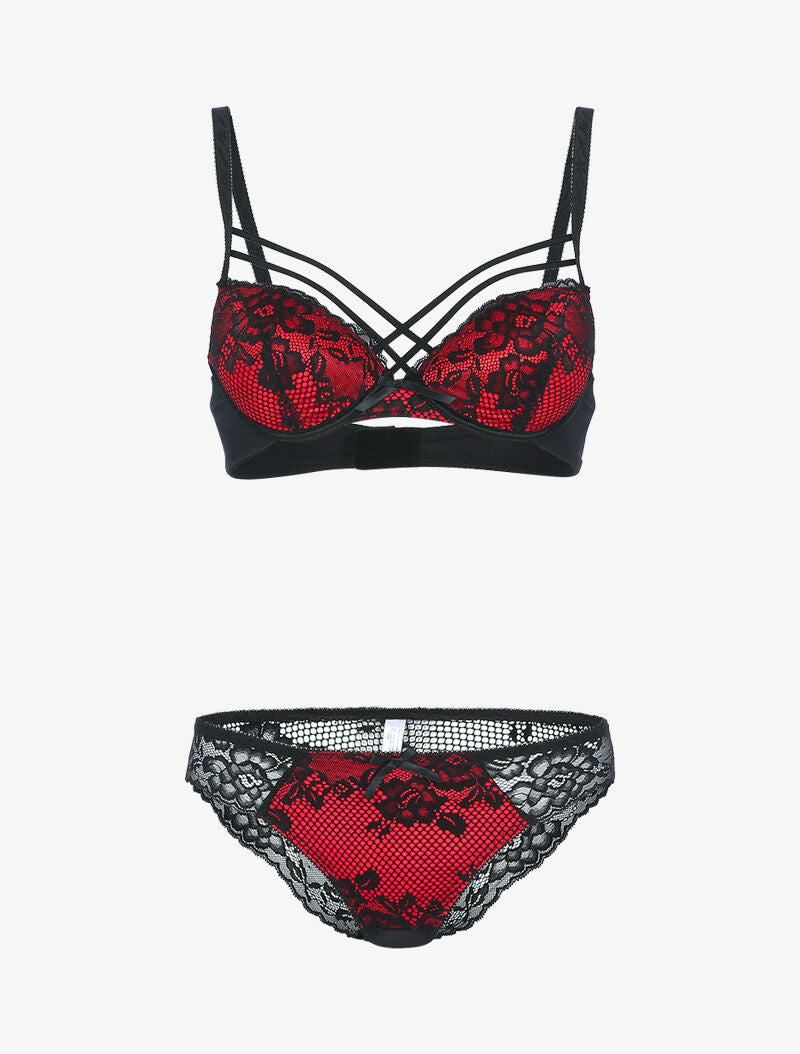 Ensemble satiné et dentelle fleurie - noir/rouge - 1