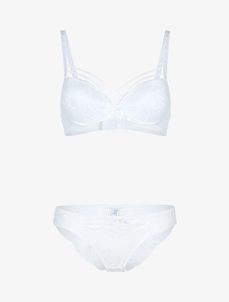 Ensemble satiné et dentelle fleurie - ecru - 1