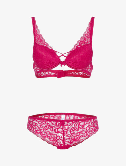 Ensemble en dentelle festonnée fleurie - fushia - 3