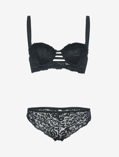 Ensemble bustier en dentelle festonnée et lanières - noir - 1