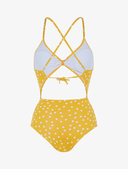 Monokini ajouré à pois - jaune - 2