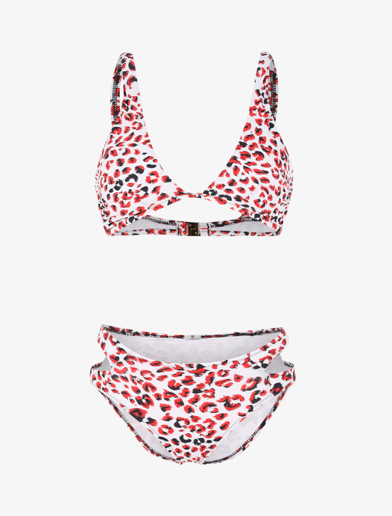 Bikini à imprimé léopard et découpes - rouge - 1