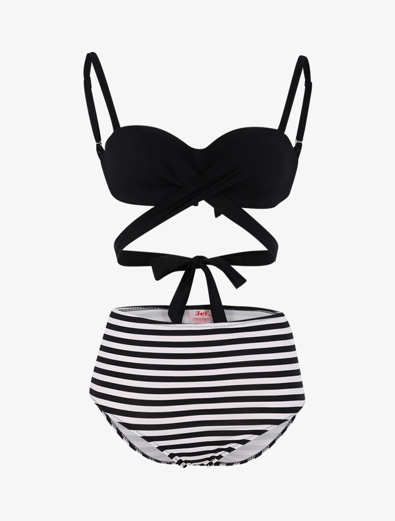 Bikini dépareillé style marinière - noir - 1
