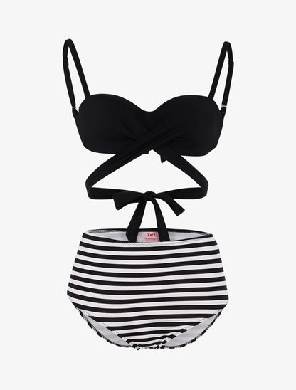 Bikini dépareillé style marinière - noir - 1