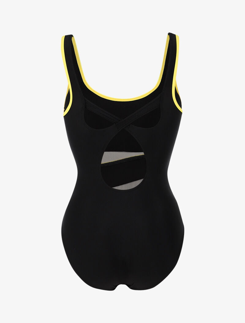Monokini à détails résille et bandes contrastantes - noir/jaune fluo - 2