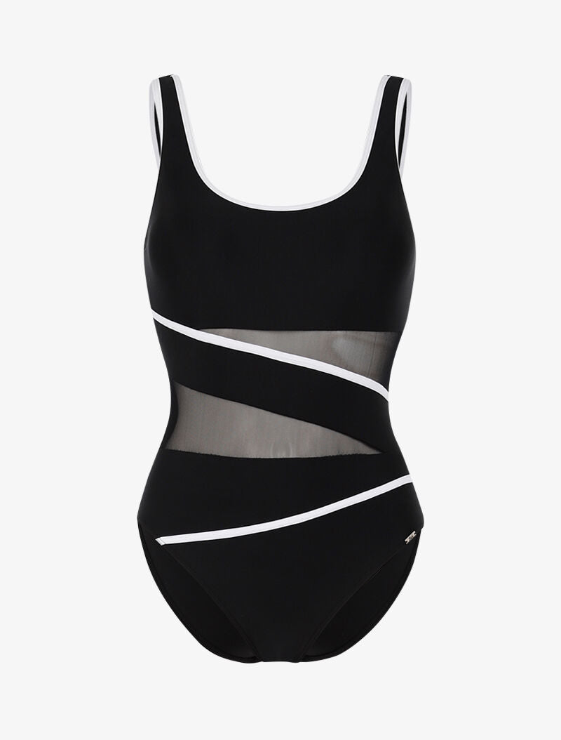 Monokini à détails résille et bandes contrastantes - noir/blanc - 1
