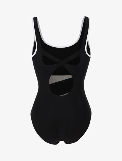 Monokini à détails résille et bandes contrastantes - noir/blanc - 2