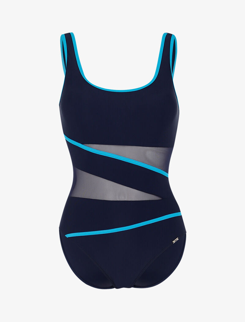 Monokini à détails résille et bandes contrastantes - marine/bleu - 1