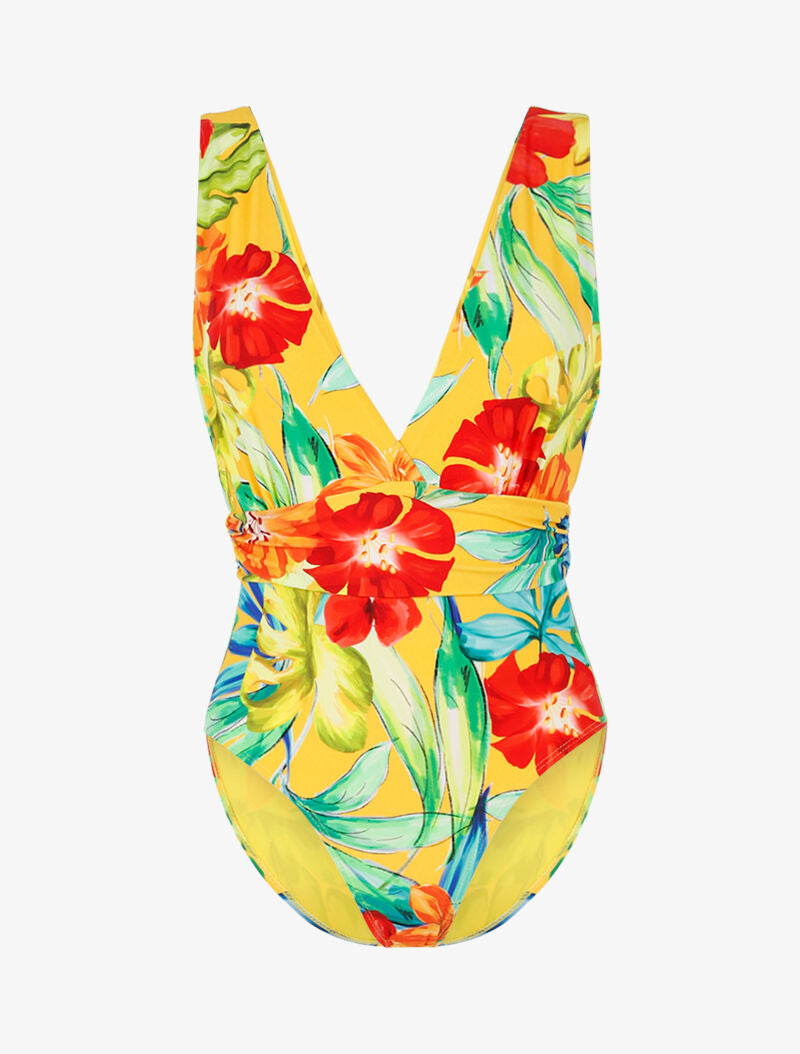 Monokini à bretelles larges et imprimé tropical - jaune - 1