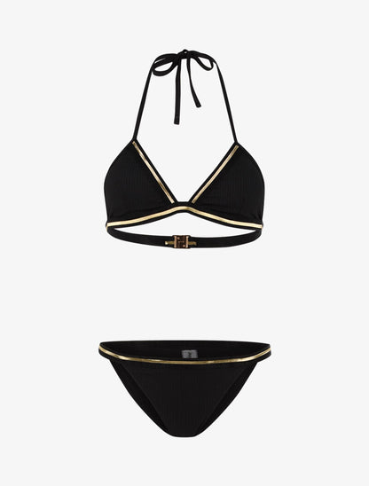 Bikini côtelé à liserés dorés - noir/or - 1