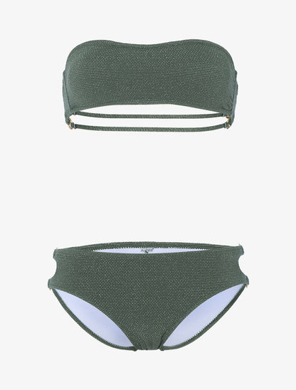 Bikini bandeau lamé à oeillets dorés - kaki - 1