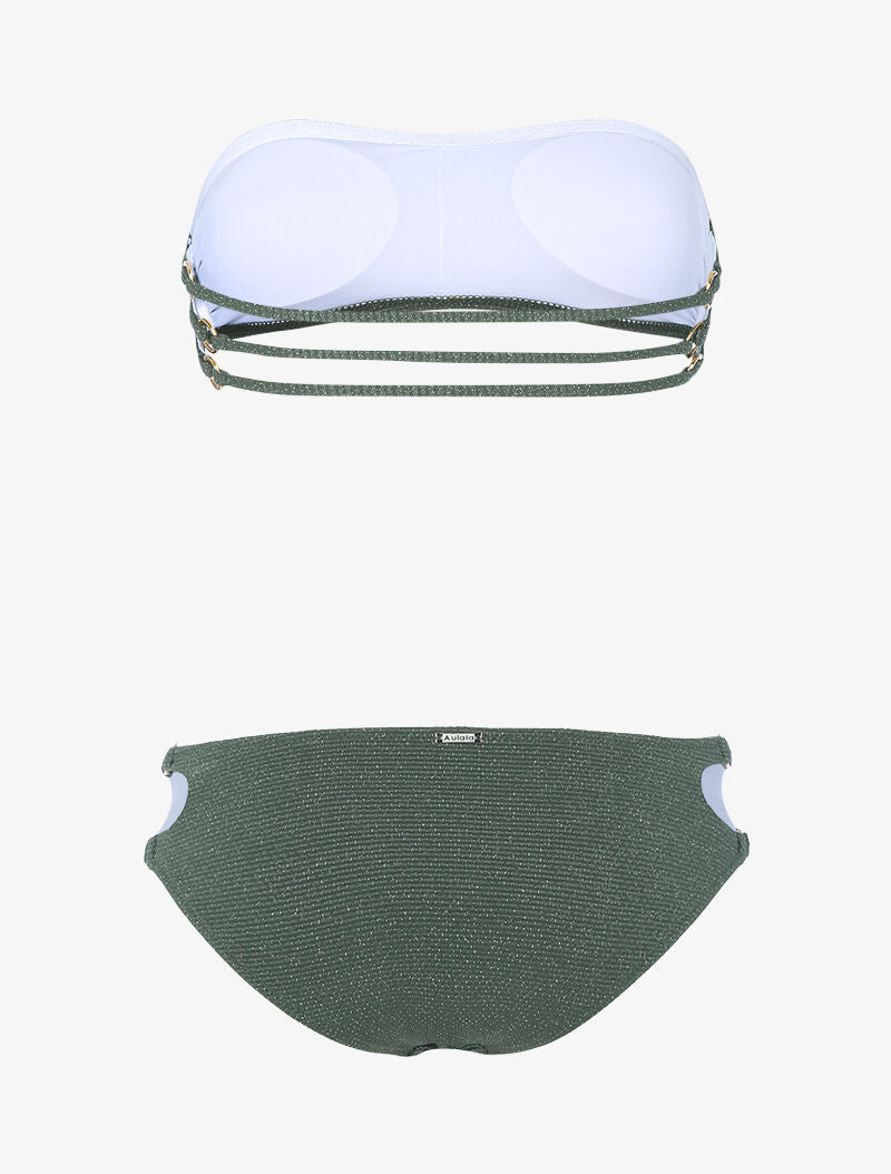 Bikini bandeau lamé à oeillets dorés - kaki - 2