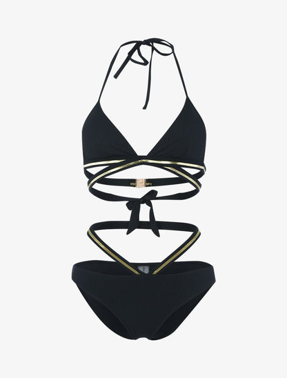 Bikini côtelé à bandes dorées - noir - 1