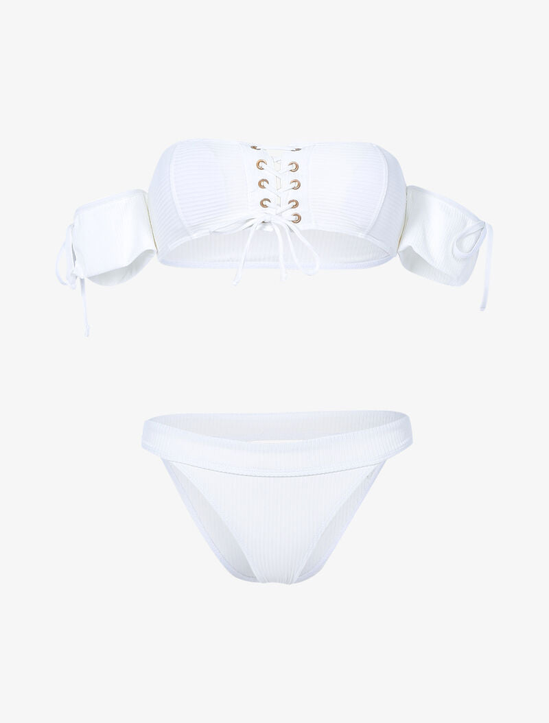 Bikini côtelé à corsage et tanga ajouré - blanc - 1