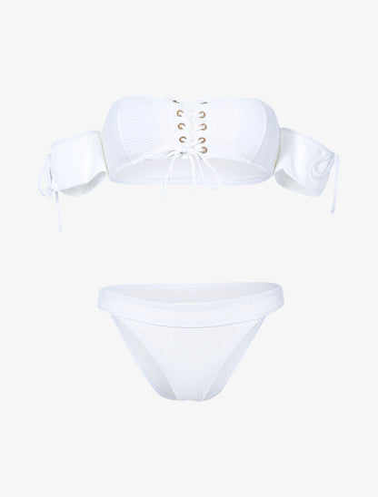 Bikini côtelé à corsage et tanga ajouré - blanc - 1