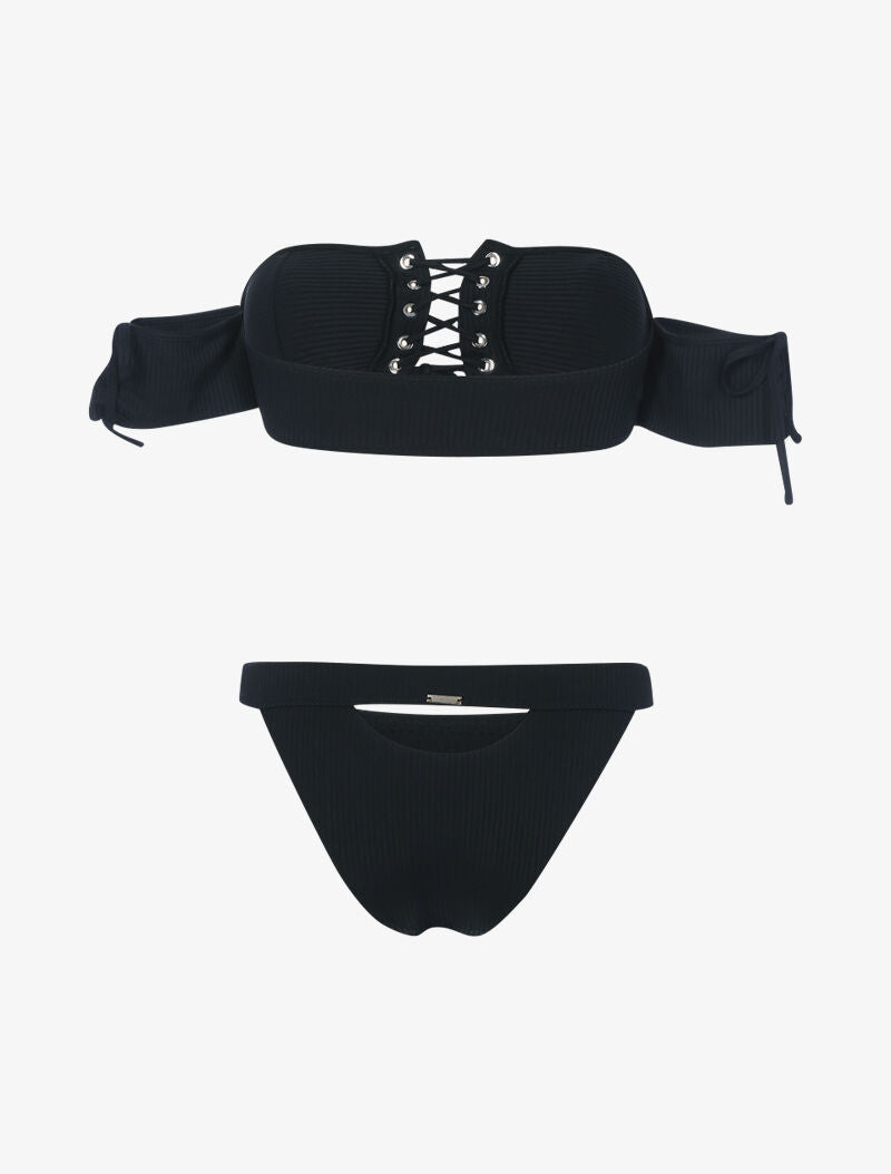 Bikini côtelé à corsage et tanga ajouré - noir - 2